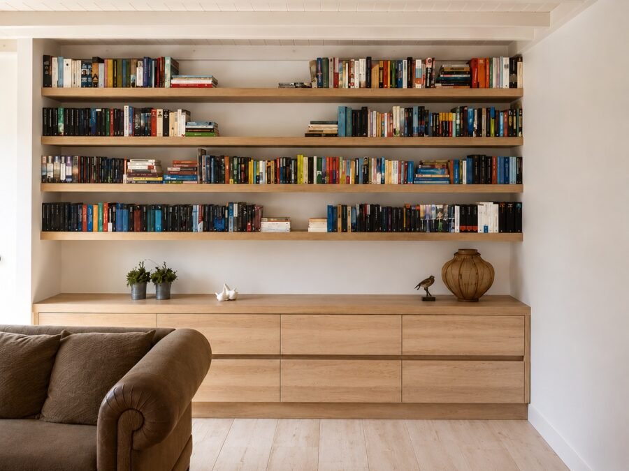Boekenwand met open schappen en eiken dressoir