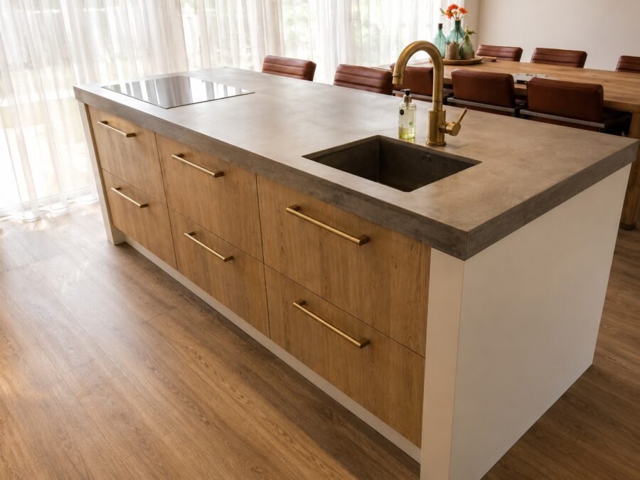 Kookeiland met betonlook blad en messing kraan